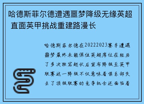 哈德斯菲尔德遭遇噩梦降级无缘英超 直面英甲挑战重建路漫长