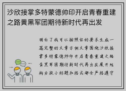 沙欣接掌多特蒙德帅印开启青春重建之路黄黑军团期待新时代再出发 沙欣接掌多特蒙德帅印开启青春重建之路黄黑军团期待新时代再出发